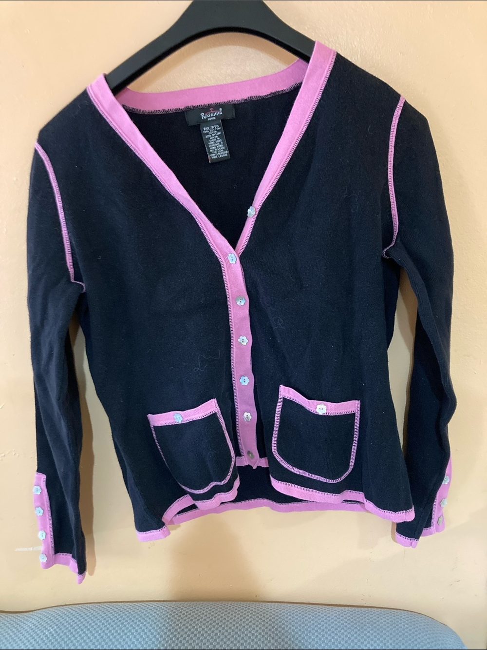 Rosanna Black Cardigan with Pink Trim